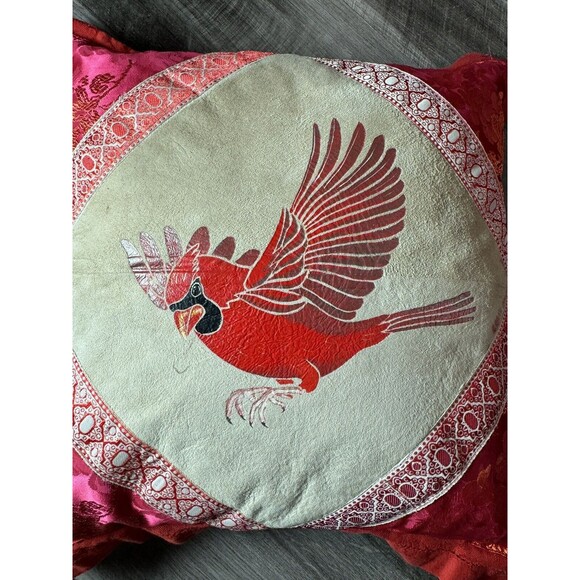 Vtg Hand Painted Cardinal Bird Square Pillow 15”x15”  tan red Leather/Satin - Picture 3 of 10